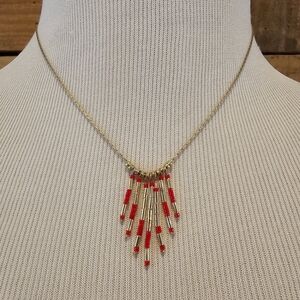 Plunder Goldtone/Red Orange Beaded Fringe Necklace